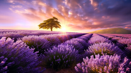 Sun setting or rising over a lavendar field. Beautiful lavender field with long purple rows. Ai illustration, fantasy digital painting, Generative AI