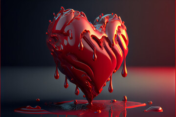 bloody heart in burgundy color liquid drain and splash on dark background.AI - obrazy, fototapety, plakaty