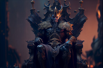 Fototapeta na wymiar demon sits imposingly on a throne in dark hall illustration . AI