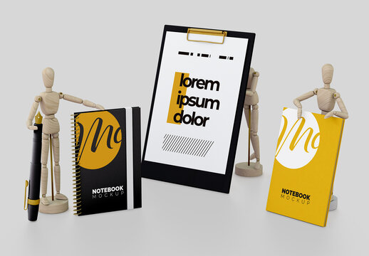 Notebooks and Clipboard with Wooden Mannequin Mockup
