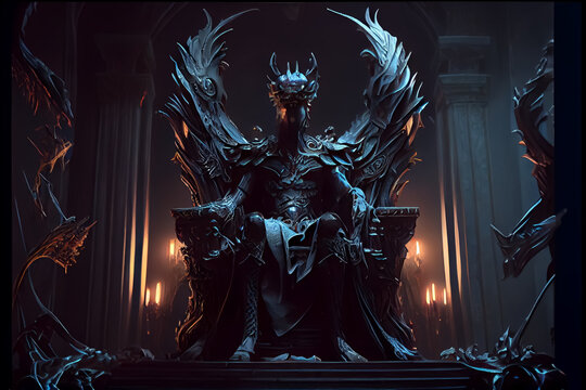 demon sits imposingly on a throne in dark hall illustration . AI