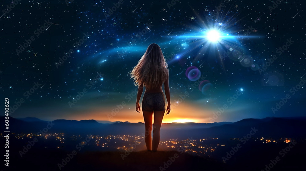 Wall mural beautiful young woman stay on earth and watch starry sky moon planet surrealism,generated ai