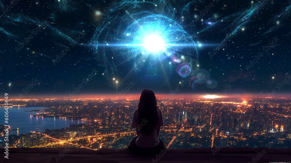 Wall mural beautiful young woman stay on earth and watch starry sky moon planet surrealism,generated ai