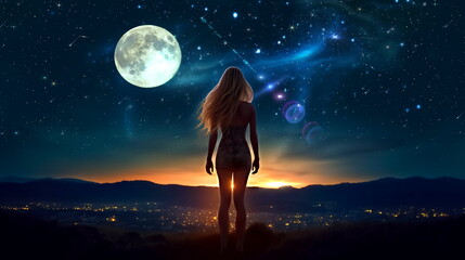   beautiful young woman  stay on earth and watch starry sky  moon  planet surrealism,generated ai