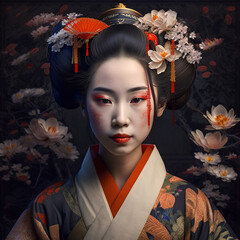 A Geisha with a kimono and flowers on her head, generative ai technology