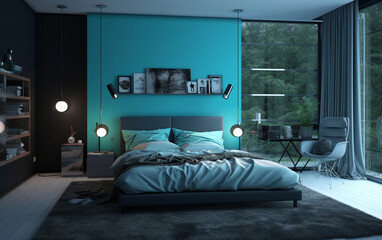 Contemporary cyan and black bedroom with dramatic lighting and sleek decor , Generative AI	

