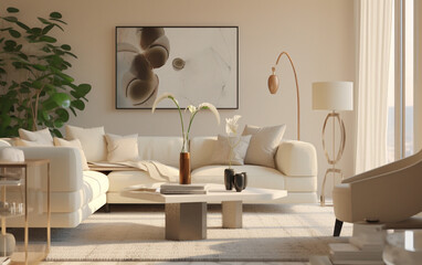 Contemporary ivory living room with sleek lines and glass accents, Generative AI	
