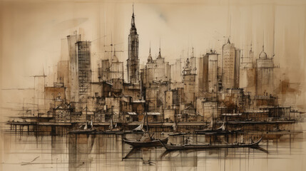 técnicas de esboço antigas e calculo da linha de tempo antiga, actual e futura da cidade de NY. AI generated.