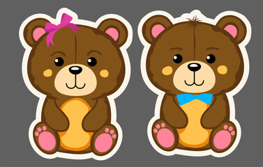 Obraz na płótnie Canvas Toy teddy bears boy and girl, sticker. Vector graphics.