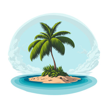 A small uninhabited island with one palm tree, around blue water and blue sky. Vector graphics