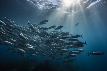 Fototapeta na wymiar School of sardines swimming from left to right
