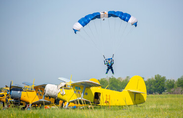 Skydiving. The landed parachutists collect the parachute canopy on the ground. Extreme sport and...