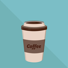 Coffee in disposable cup on turquoise background. Vector illustration.	