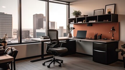 A modern government office cubicle with a sleek desk