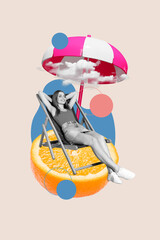 Vertical collage of dreamy lovely charming lady lie sunbed tanning on huge orange fruit slice under parasol isolated over beige background