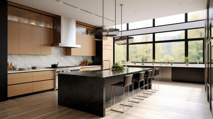 Fototapeta na wymiar Sleek and modern kitchen with handleless cabinets, a quartz countertop, and pendant lighting