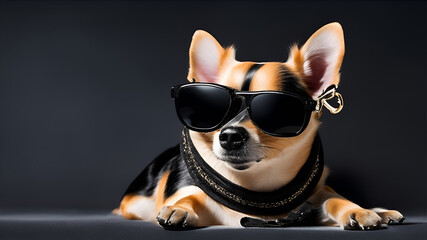 A cute chihuahua wearing sunglasses on black background. Generate Ai
