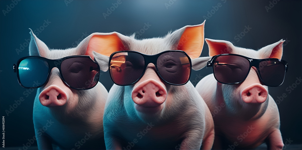 Wall mural Three pig with sunglasses on dark background. Generate Ai