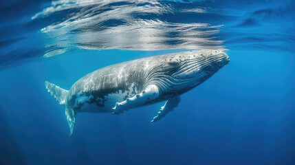 Humpback whale swimming in deep blue ocean water. Wildlife scene from underwater. Generative AI.