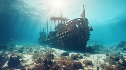 Underwater view of a sunken ship in the Caribbean Sea. Generative AI. - obrazy, fototapety, plakaty