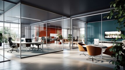 A professional workspace design with sleek glass partitions, modern furniture, and a sophisticated color scheme to inspire productivity. generative ai