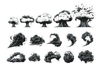 Explosion, burst fire effect of exploded dynamite or nuclear bombs with energy flashes, dust splashes and smoke clouds cartoon collection. Vector illustration - obrazy, fototapety, plakaty