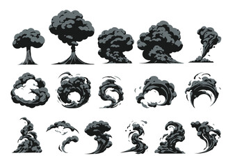Explosion, burst fire effect of exploded dynamite or nuclear bombs with energy flashes, dust splashes and smoke clouds cartoon collection. Vector illustration