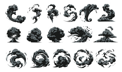 Explosion, burst fire effect of exploded dynamite or nuclear bombs with energy flashes, dust splashes and smoke clouds cartoon collection. Vector illustration