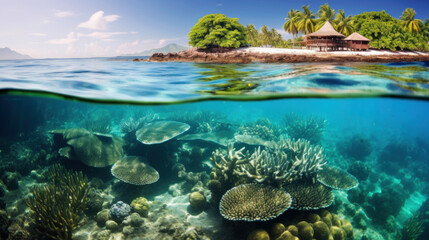 Fototapeta na wymiar View of tropical island with coral reef and underwater world. Generative AI.