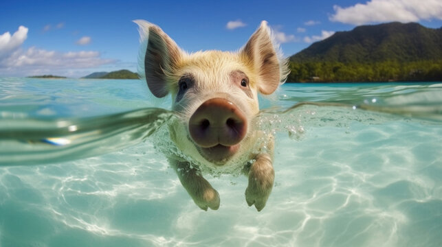 Pig swimming underwater in the ocean. Piggy swims in the sea. Generative AI.