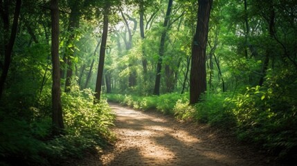 A serene forest path with dappled sunlight filtering through the trees, inviting you to take a peaceful stroll.