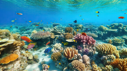 Underwater view of coral reef with fish and hard corals.Generative AI.