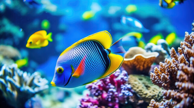 Tropical fish in the water. Beautiful underwater world with corals. Generative AI.