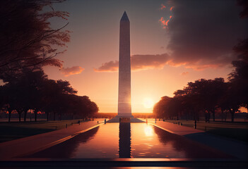 illustration of obelisk White house Washington DC Capitol dome detail with waving american flag. AI
