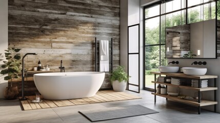 Naklejka na ściany i meble A sleek and elegant farmhouse bathroom with a freestanding bathtub, a rainfall shower, and natural stone accents. The bathroom offers a luxurious retreat for relaxation and self - care. generative ai