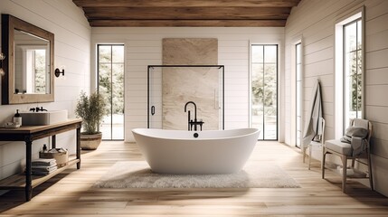Fototapeta na wymiar A sleek and elegant farmhouse bathroom with a freestanding bathtub, a rainfall shower, and natural stone accents. The bathroom offers a luxurious retreat for relaxation and self - care. generative ai
