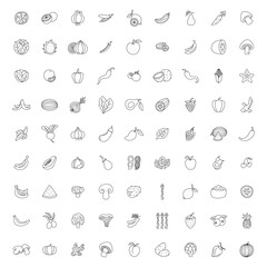Vector hand drawn vegetables and fruit icons set. Sketch or doodle style collection farm product restaurant menu, market label.