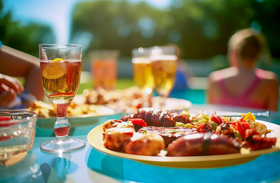 A Tempting Spread Of Summer Food, Wine, Beer And Barbecue Delicacies Arranged On A Poolside Table, Creating A Festive Ambience Of Outdoor Culinary Delights. Generative AI