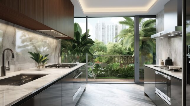 A sleek and modern kitchen with stainless steel appliances, marble countertops, and a panoramic window overlooking a lush garden. generative ai