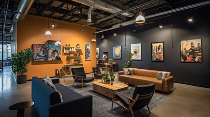 Fototapeta premium A stylish work design of a creative agency office, featuring open workstations, comfortable lounges, and walls adorned with inspirational quotes and artwork. generative ai
