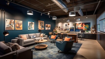 A stylish work design of a creative agency office, featuring open workstations, comfortable lounges, and walls adorned with inspirational quotes and artwork. generative ai