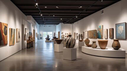 A trendy art gallery with white walls, minimalist display pedestals, and contemporary artworks that challenge traditional perspectives. The gallery celebrates artistic expression. generative ai