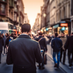 Fototapeta premium Man from behind checking his phone standing at busy street with people around in motion blur. Generated by AI.