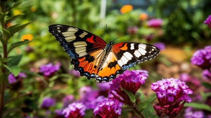 Fototapeta na wymiar A magnificent butterfly perched on a delicate flower, showcasing its intricate patterns and vibrant colors. generative ai