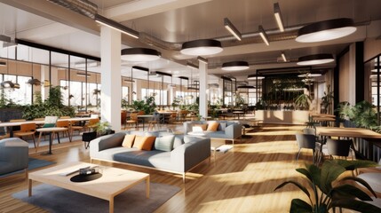 A work design of a trendy co - working space with stylish communal areas, cozy private booths, and an on - site cafÃ© for networking and relaxation. generative ai