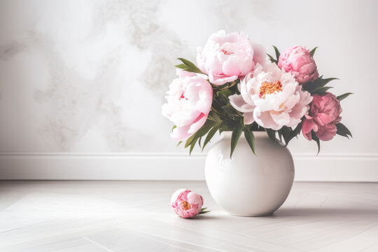 Beautiful pink peony flowers in vase on white background with copy space. Generative AI.