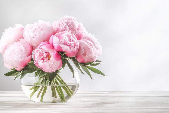 Beautiful pink peony flowers in vase on white background with copy space. Generative AI.