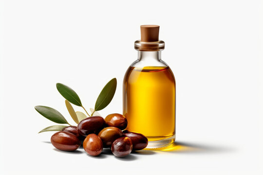 Bottle of essential olive oil. Created with AI.