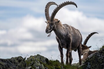 Beautiful Alpine ibex (Capra ibex) goat resting on a mountain during sunrise