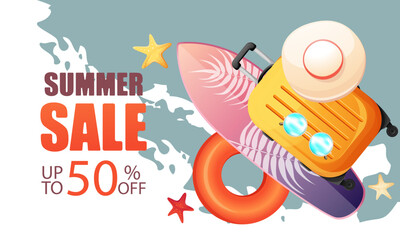 Summer sale.Summer background with hat, suitcase, surfboard, sunglasses.Vector illustration.